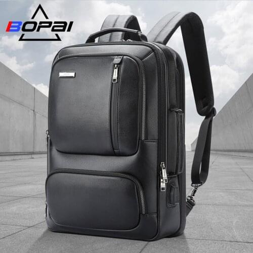 BOPAI Genuine Leather Backpack Men 15.6 Inch Laptop Backpack Real Leather USB Charging Port Male Business Backpack Travel