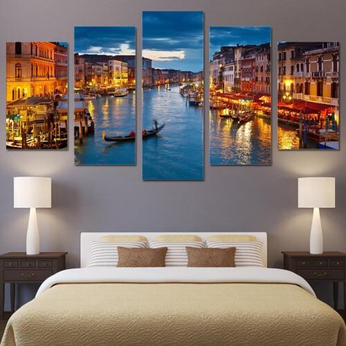 Poster Canvas Painting HD Wall Art Pictures 5 Piece Venice Water City Boat Light Landscape Modern Printing Type Modular Decor