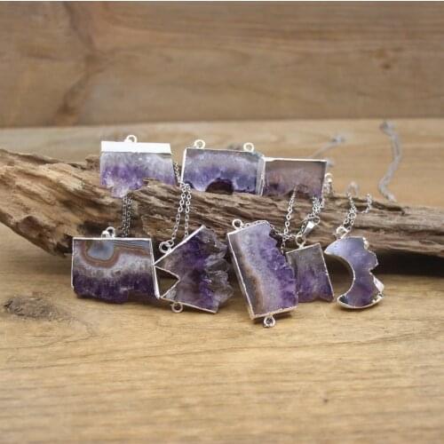 Natural Amethysts Druzy Pendants Silvery Chains,Healing Crystal Quartz Geode Drusy Slice Charms Necklace Women Jewelry,QC3091