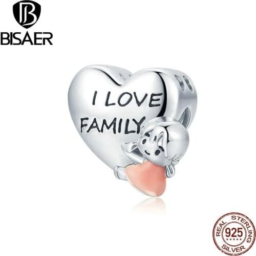BISAER 925 Sterling Silver Little Girl Love Family Heart Shape Charms Pendant Fit Bracelets Women Fashion Jewelry Making Gift