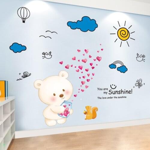 Bear Squirrel Animals Wall Stickers DIY Cartoon Clouds Wall Decals for Kids Rooms Baby Bedroom Nursery Home Decoration