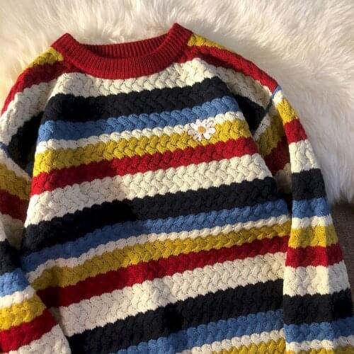Sweater women rainbow stripes 2020 autumn/winter Korean version sweater women round neck loose knit sweater long sleeve top