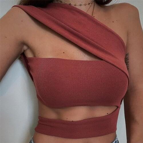 Womens Tops Tank Top Short Hollow Out Solid Oblique Neck Straps Exposed Umbilical Slim Fit Inside Wrapped Chest Vest