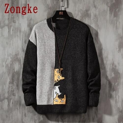 Zongke Cartoon Cat Knitted Sweater Men Winter Mens Clothes Pullover Mens Sweaters Harajuku Sweater 2021 New Arrivals M-3XL