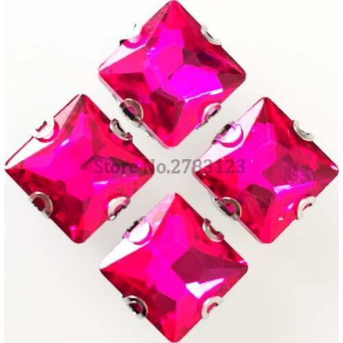 Scratch-resistant SWZD009 rose red square Silver bottom AAA Glass Crystal sew on stones, D claw loose rhinestones 20pcs/bag