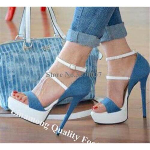 Linamong Women Charming High Platform Stiletto Heel Patchwork Gladiator Sandals Blue-white High Heel Sandals Club Dress Heels
