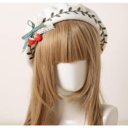 Winter Strawberry green berets, lovely harajuku melting joker wool hat bow