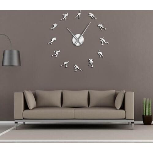 Winter Sport Ice Speed Skating Mirror Sticker Large Silent Wall Clock Speed Skater Sport Art Room Decor Speed Roller DIY Watch