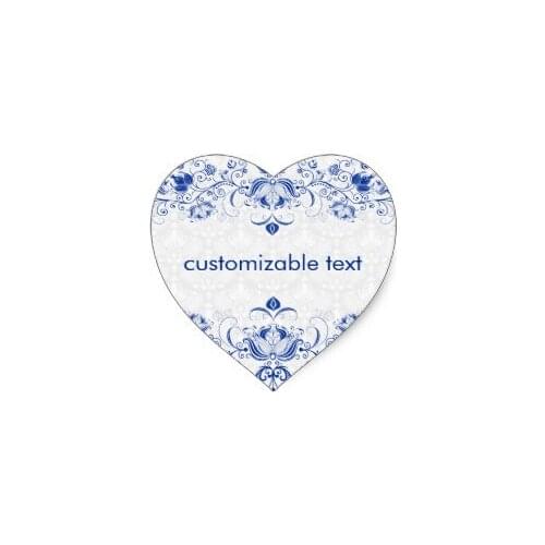 3.8cm Elegant Royal Blue And White Damasks & Swirls 2 Heart Sticker