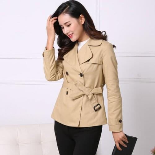 #5259 Spring Autumn Short Trench Coat For Women Double Breasted Khaki Black Red Overcoat Women With Belt Casual Cotton Slim Coat