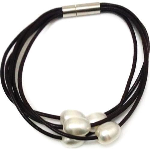 7.5 inches 5 rows Black Leather Cord Natural White Rice Pearl Bracelet