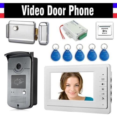 7" Color Screen Video Door Phone Intercom Doorbell System + Electric Lock + Power supply controller+ Door Exit + 5PCS ID Keyfobs