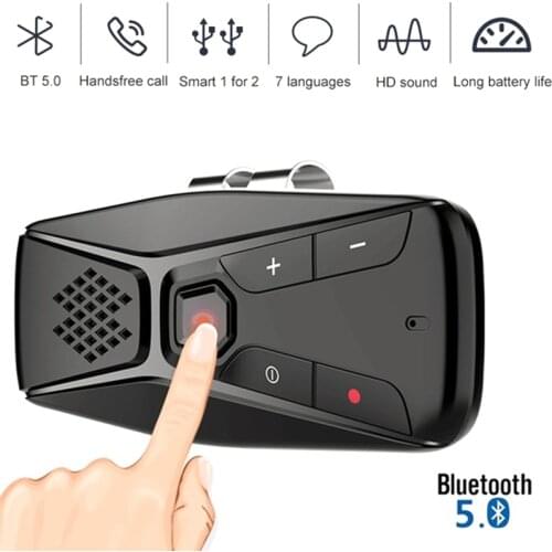 Wireless Bluetooth 5.0 Handsfree Calling Car Kit Car Sun Visor Rechargeable Wireless Speakerphone Seven Language Music Receiver