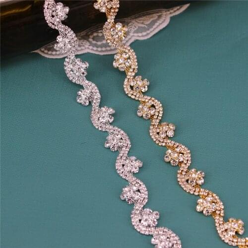 1 Yard DIY Clothes Accessory Dress Belts Headpiece Jewelry Making Silver Leaves Crystal Rhinestone Chain Trim