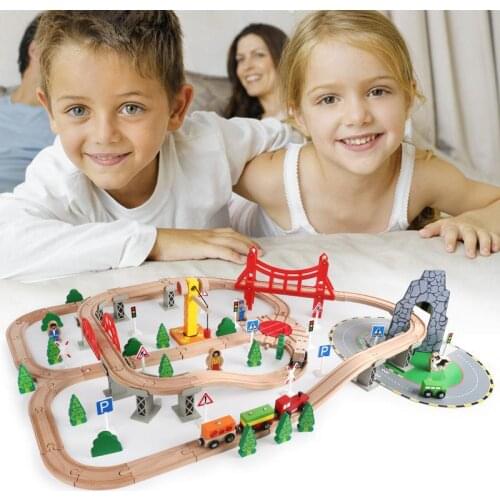 100pcs Wooden Track Train Set Toys For Kids Railway Car Wood Puzzles Educational Model Track Cars Boy Gift Children Diy Toy