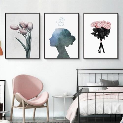 Elegant Women Pink Bouquet Posters Prints Nordic Figure Canvas Painting Girls Wall Art Flower Pictures for Living Room Bedroom