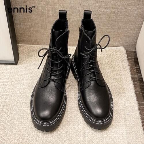 ENNIS Brand Platform Martin Boots Woman 2020 Genuine Leather Autumn Winter Ankle Boots Lace Up Black Boots Zipper Shoes New A41A