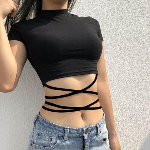 Sexy Strappy Short-sleeved T-shirt Women Net Celebrity Same Style 2021 Pure Cotton Bottoming Shirt Solid Color