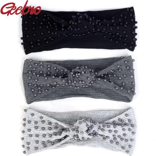 Geebro Women Fashion Denim Ribbed Pearls Hairband Bow Knotted Headband For Girl Female Boho Turban Stretchy Band Hair Accessorie
