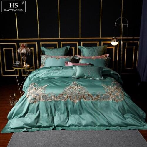 Green Gold Rococo Design Bedding Set Embroidery 4/7Pieces Queen King Size Cotton Bedspread Bed Sheets Pillowcase Duvet Cover