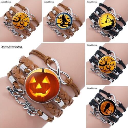 Mendittorosa Witch Glass Crystal Multilayer Black/Brown Leather Bracelet Bangle For Women Round Charm Jewelry Gifts Boy
