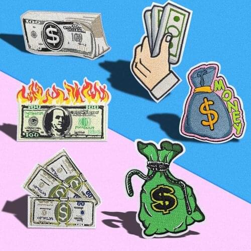 Holding US dollar bills Patch Iron On DIY Applique Embroidery Sew On Purse Bags Patch for Clothes Patches T-shirt decorate