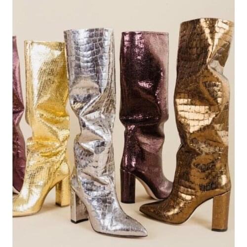Newest Croc-Effect Metallic Leather Knee Boots Pointed Toe Chunky Heels Python Print Winter Long Boots Women Banquet Shoes