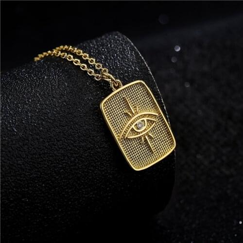 New Arrival Gold Color Copper Necklace Fashion Rectangle Shape Carve CZ Eye Pendant Necklace For Women Girl Party Jewelry