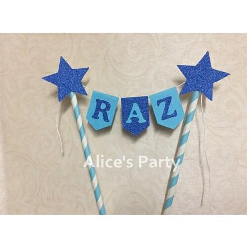 New Personalized Boy Man Name Cake Topper Banner Blue Theme Party Cake Bunting Flag 1st Birthday Party Cake Smash Photo Shoot