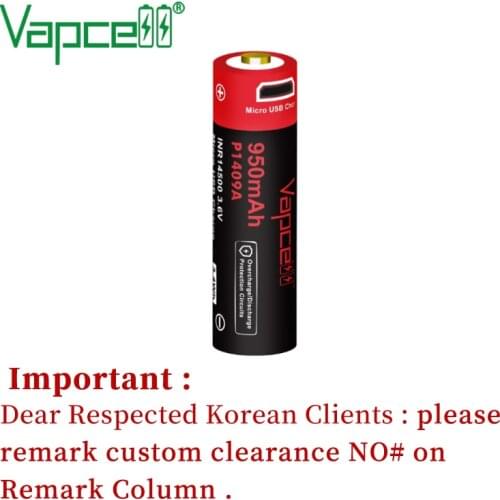 Original Vapcell INR 14500 950mah P1409A USB li ion battery 3.7V button top Rechargeable batteries for flashlight power tools