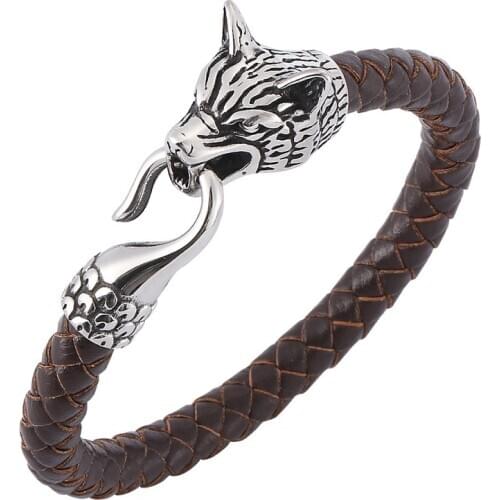 Punk Men Jewelry Wolf Head Black/Brown Leather Braided Bracelet Stainless Steel Easy-Hook Woven Bangles Gifts pulsera masculina