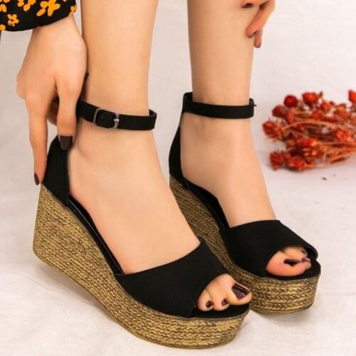 Tonar Clau Black Suede Filling Heel Women Sandals New Season Platform Ankle Strap Summer Trend Fashion Casual and Stylish