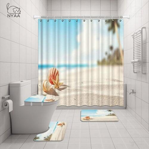 Sunny Beach Sea Wave Shower Curtains Set Bathroom Curtain Coastal Printed Non-Slip Rugs Toilet Lid Cover Mat Carpet Home Decor