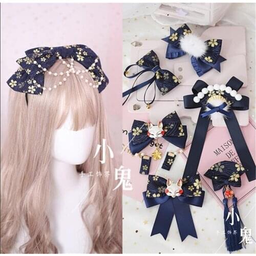 Navy blue Gothic Lolita Lace Trim KC hair pin Pearls Bow Handwork Hair Accessories Headwear Womens Headdress B464
