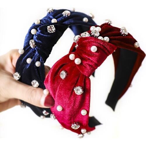 Vintage Bohemian Velvet with Pearl Rhinestone Knot Headband Knotted Hairband Hair Accessories
