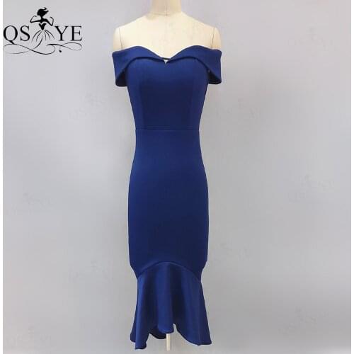 Navy Short Evening Dresses Off Shoulder Stretch Prom Gown Side Sleeves Mermaid Formal Dress Fit Women Slim Dress Short Vestido