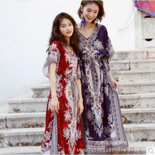 New Arrival Womens Fashion Kaftan Ethnic Rayon Maxi Dress Vintage Tunic Boho Casual Printed Long Dress V Neck Vestidos K925