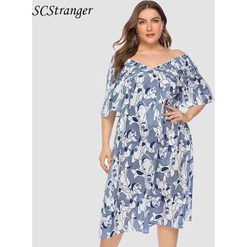 Plus Size Dresses For Women 2021 Short Sleeve Plump Girls Print V Neck Waist Controlled Lace Up Off The Shoulder Two Way Dress