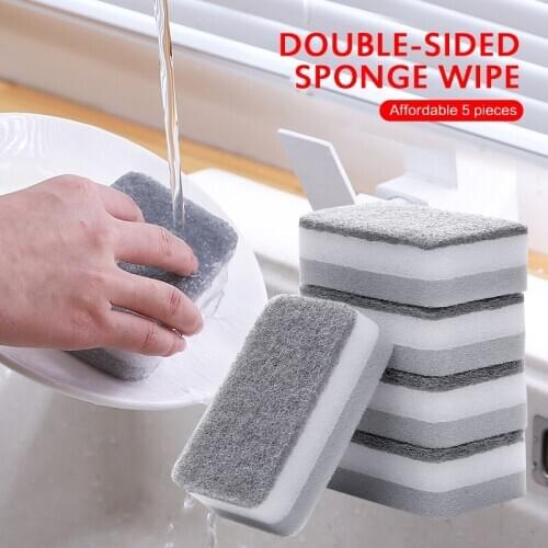 5 packs of double-sided pot-washing sponges powerful decontamination kitchen dish-washing sponge block cleaning tool