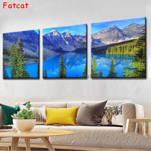 Mountain and Blue Lake Landscape Diamond Painting Triptych Modern Home Decor Wall Art Painting Nordic Living Room Decor PP1347