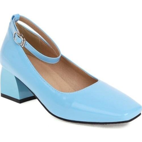 BLXQPYT 2021 Fashion Women Shoes High Heels Pumps Square Head Five Color Patent Leather Mary Jane Shoes Plus Size 28-52 273