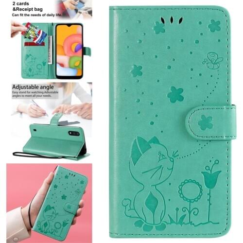 Cat Smart Phone Cases For Samsung A01 Core PU Leather Flip Wallet Shell Galaxy A11 Eurasian version A10S A10E US A10 Aksesuar