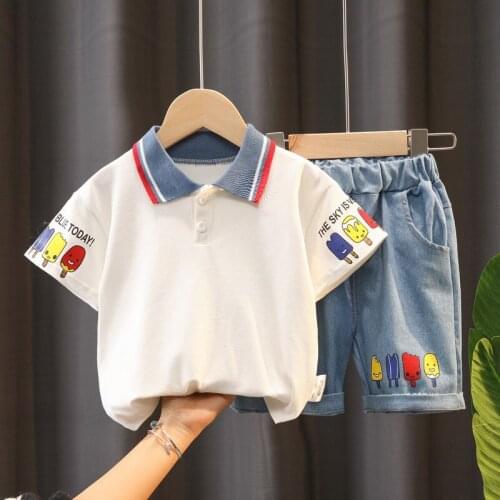 Kids Summer Clothes 2021 Thin Suit Baby Fashion Short Sleeve T+ Denim Shorts Children Round Collars Set Cotton Childrens Wear