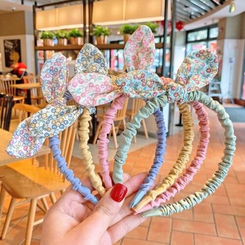 Kids Cute Lovely Cloth Bow Floral Printed Hairband 2021 Fashion Baby Girls Rabbit Ears Bowknot Headband Hair Hoops Band