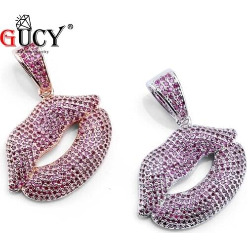 GUCY All Iced Out Red Lips Pendant Necklace Hip Hop Rose Gold Silver Color Jewelry Pendants Necklaces Men Women Charm Birth Gift
