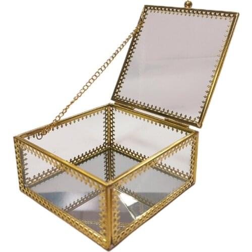 Square Gold Brass Glass Ring Trinket Box Lace Edged Wedding Ring Box Clear Glass Jewelry Box Tabletop Home Organizer