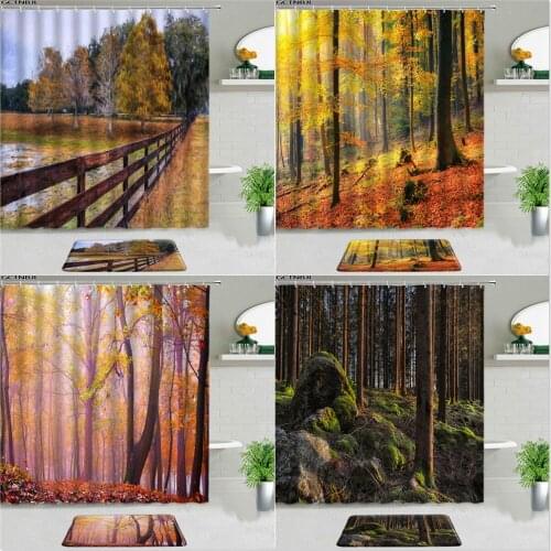 Autumn Forest Landscape Shower Curtains Set Rug Bath Mat Maple Leaf Tree Leaves Natural Scenery Bathroom Decor Non-slip Carpet
