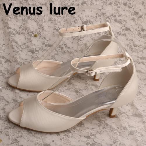 New Brand Peep Toe Satin Off white Wedding Shoes Vintage Bridal Sandals Low Heeled