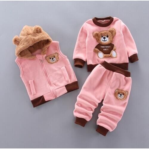Baby Boy Clothes 2020 Winter Pure Cotton Thick Warm Casual Hooded Sweater Cartoon Cute Bear Three-Piece Baby Girl Suit