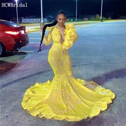 Long Sleeves Yellow Lace African Evening Dress Mermaid V Neck Sexy Black Girl Graduation Prom Gown Plus Size Wedding Party Dress